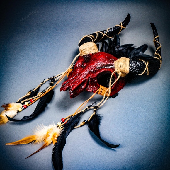 Halloween Red Skull Feather Mask Antelope Horns - Picture 7 of 8